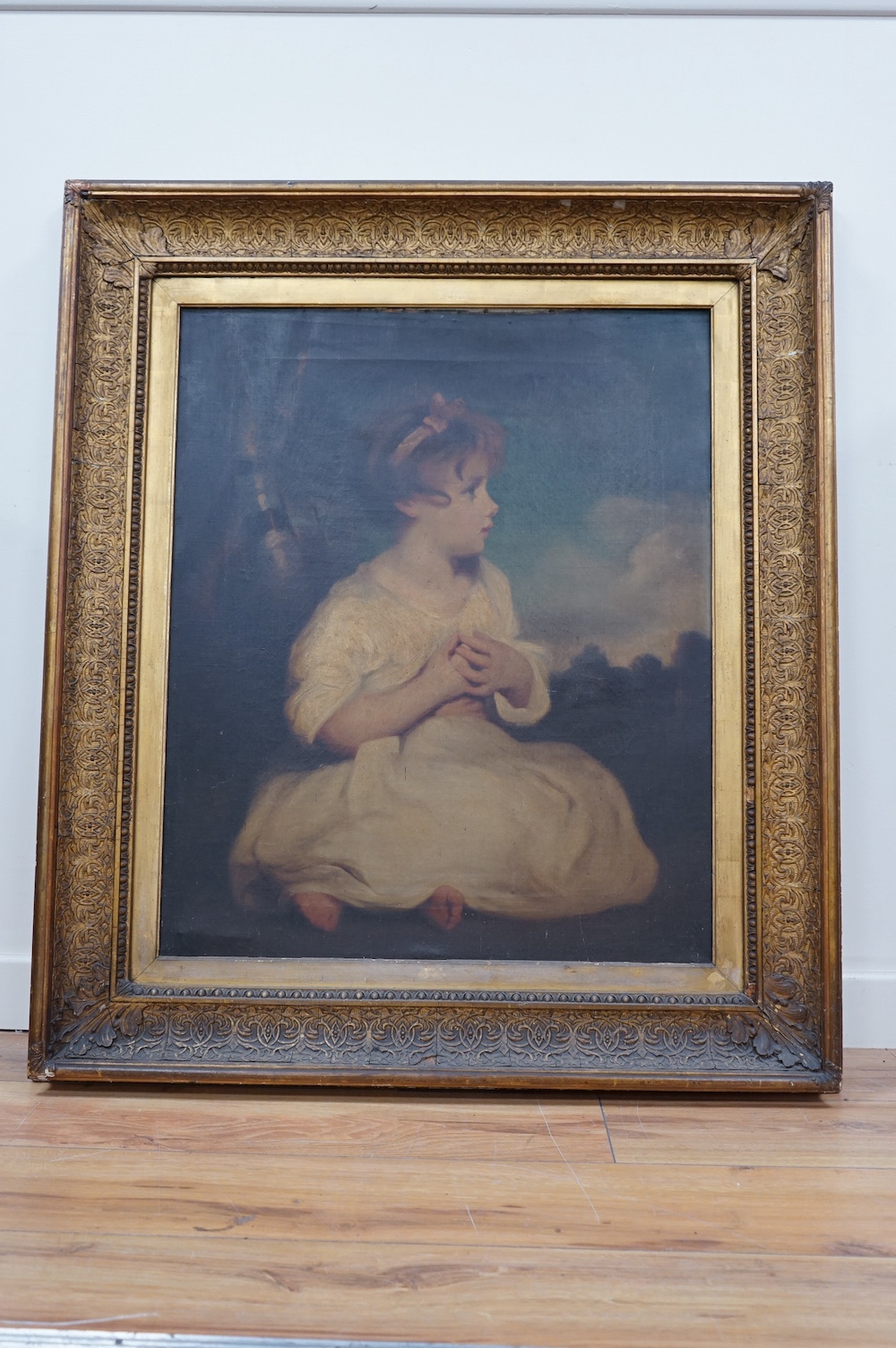 After Joshua Reynolds (1723-1792), oil on canvas, ‘Age of Innocence’, unsigned, 78 x 64cm, ornate gilt frame. Condition - fair